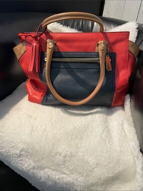 Coach Colorblock Leather Tote in Red, Navy & Tan